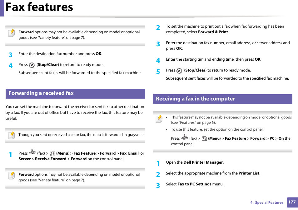 Fax features, Forwarding a received fax, Receiving a fax in the computer | Dell B1265dnf Mono Laser Printer MFP User Manual | Page 177 / 234