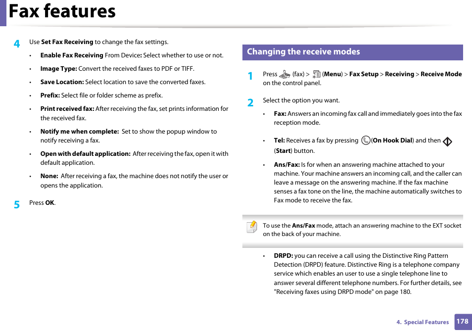 Fax features, Changing the receive modes | Dell B1265dnf Mono Laser Printer MFP User Manual | Page 178 / 234