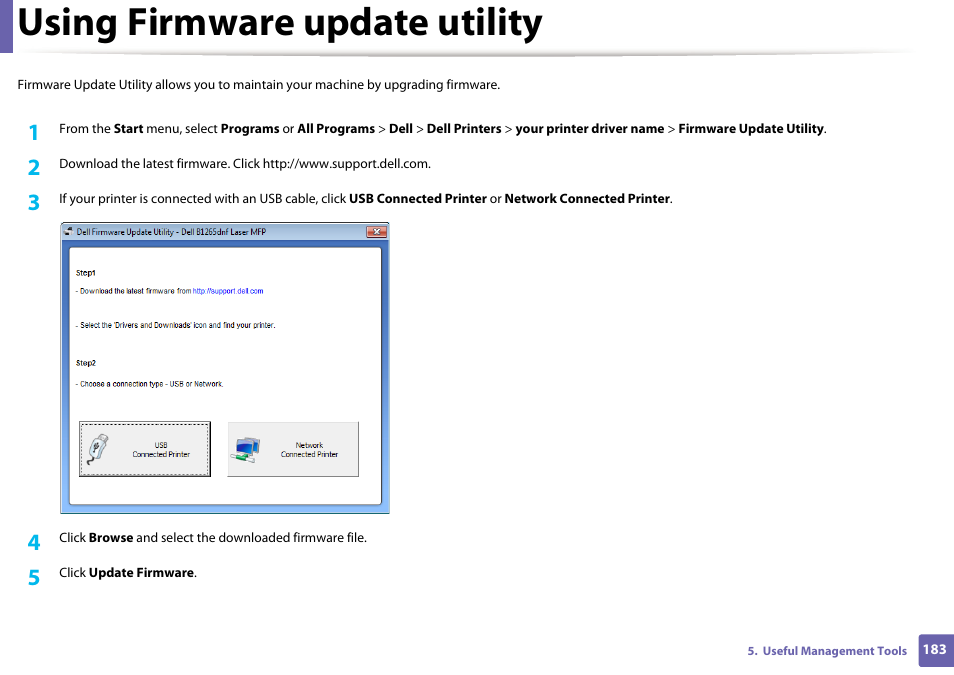 Using firmware update utility | Dell B1265dnf Mono Laser Printer MFP User Manual | Page 183 / 234