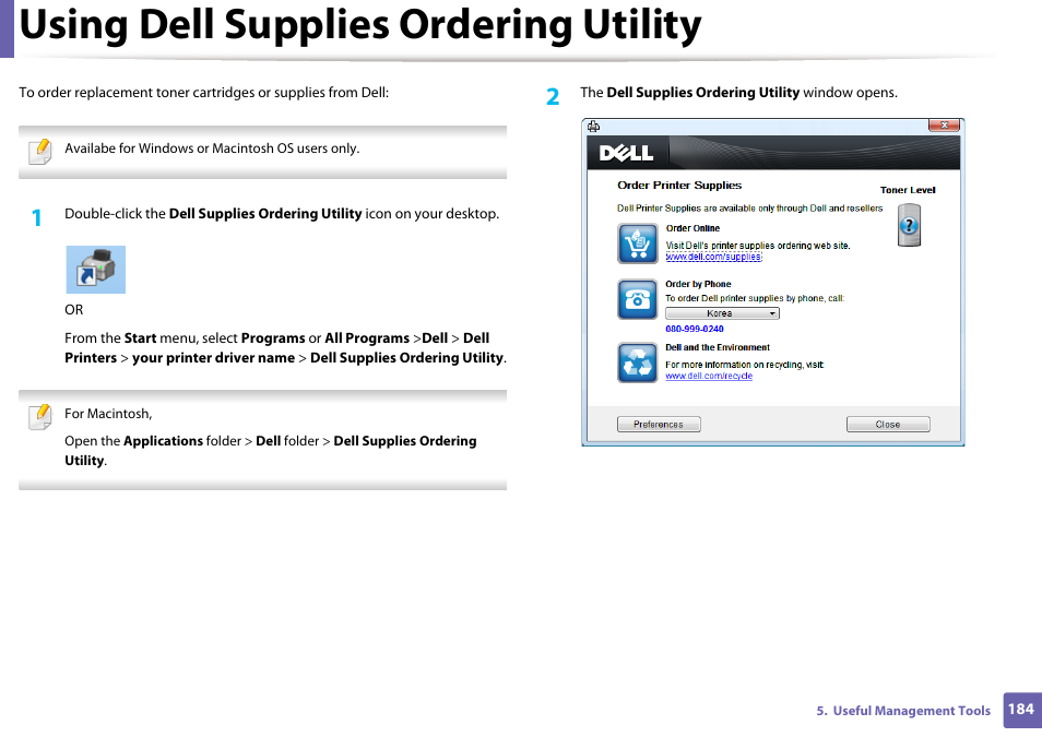 Using dell supplies ordering utility | Dell B1265dnf Mono Laser Printer MFP User Manual | Page 184 / 234