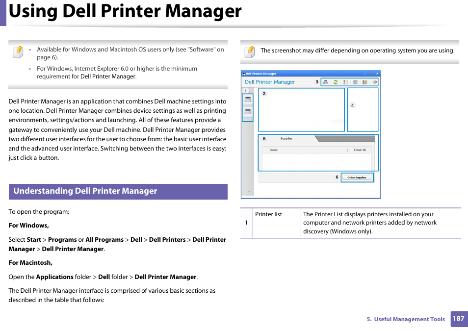 Using dell printer manager, Understanding dell printer manager | Dell B1265dnf Mono Laser Printer MFP User Manual | Page 187 / 234