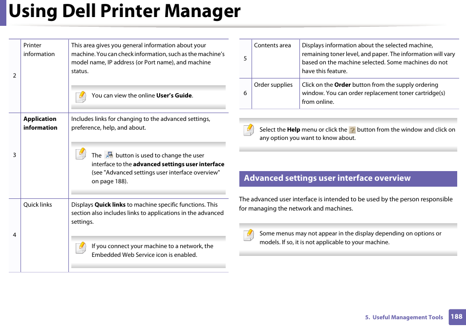 Using dell printer manager, Advanced settings user interface overview | Dell B1265dnf Mono Laser Printer MFP User Manual | Page 188 / 234