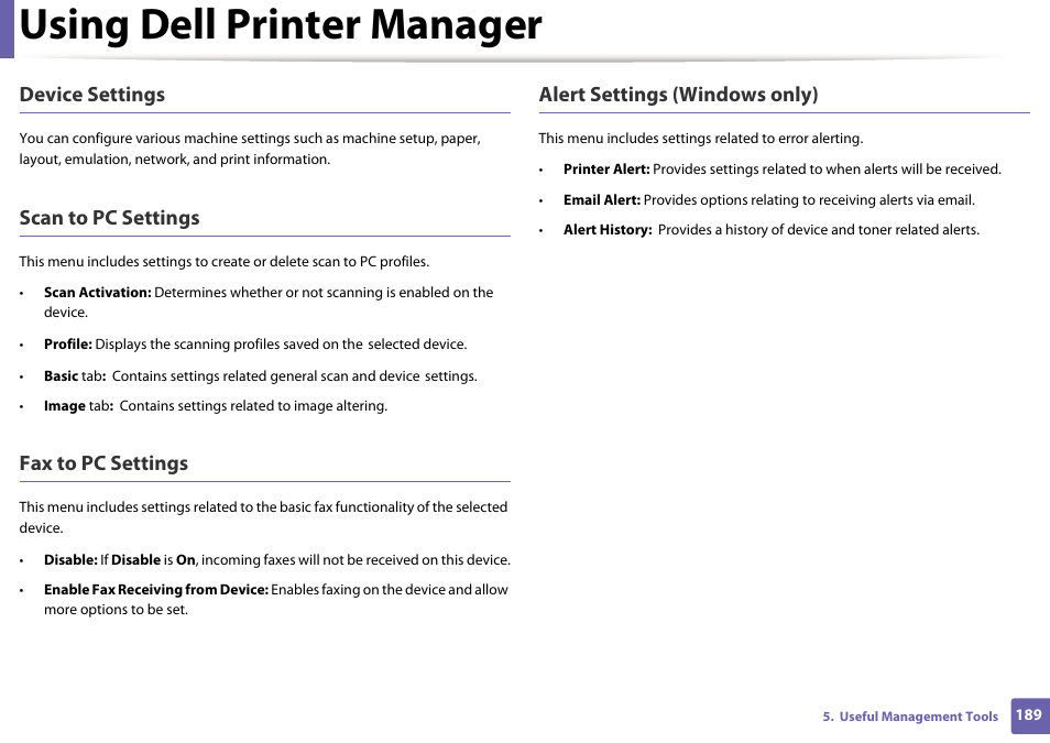 Using dell printer manager, Device settings, Scan to pc settings | Fax to pc settings, Alert settings (windows only) | Dell B1265dnf Mono Laser Printer MFP User Manual | Page 189 / 234