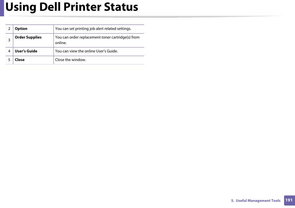 Using dell printer status | Dell B1265dnf Mono Laser Printer MFP User Manual | Page 191 / 234