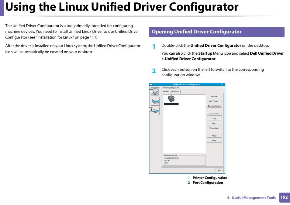 Using the linux unified driver configurator | Dell B1265dnf Mono Laser Printer MFP User Manual | Page 192 / 234