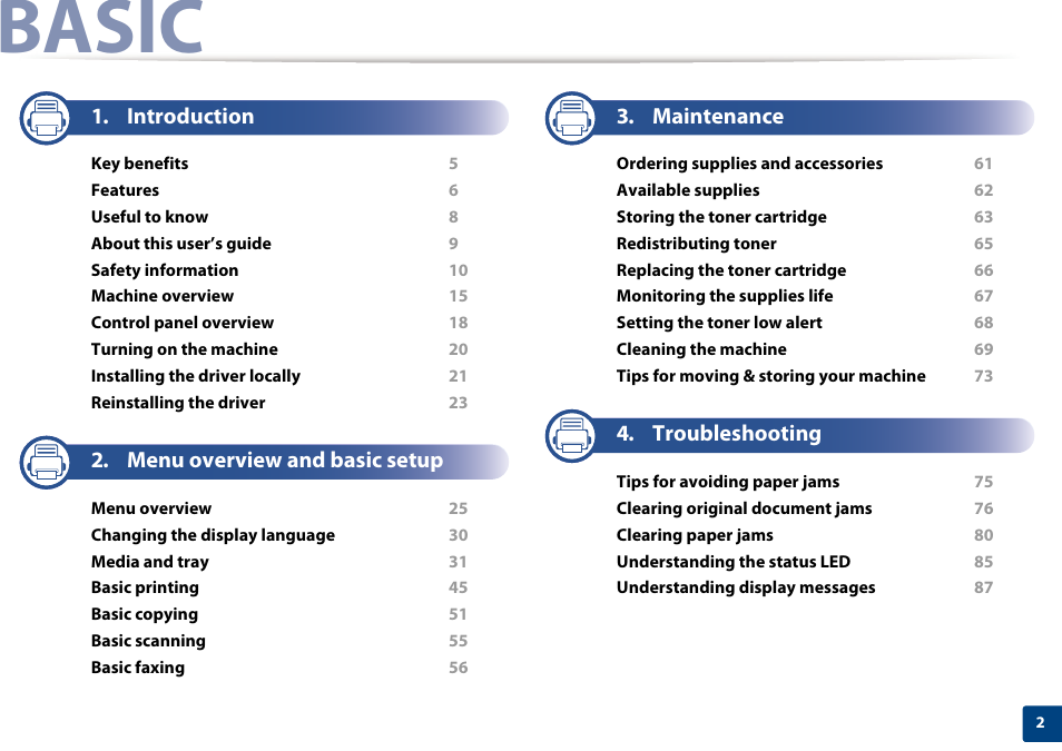 Basic, Introduction, Menu overview and basic setup | Maintenance, Troubleshooting | Dell B1265dnf Mono Laser Printer MFP User Manual | Page 2 / 234