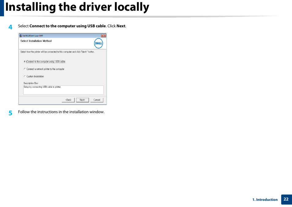 Installing the driver locally | Dell B1265dnf Mono Laser Printer MFP User Manual | Page 22 / 234