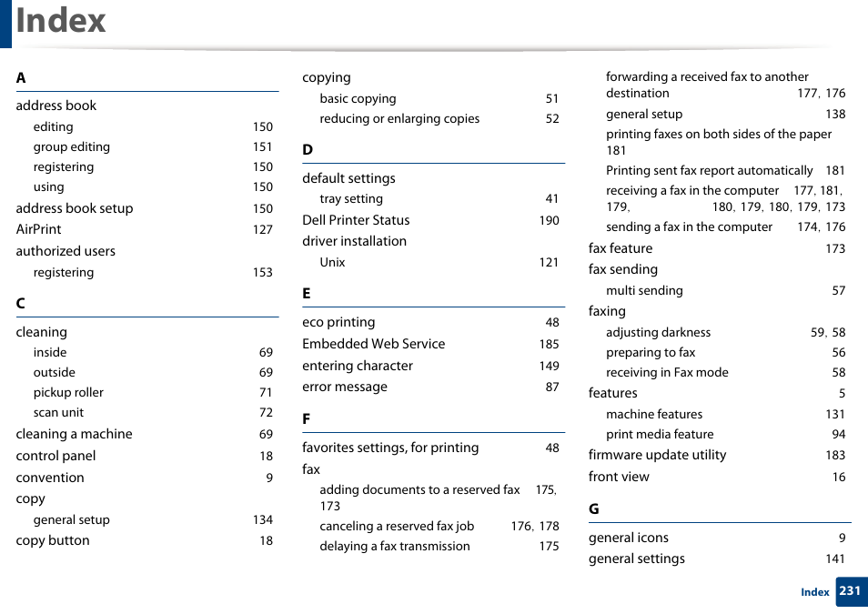 Index | Dell B1265dnf Mono Laser Printer MFP User Manual | Page 231 / 234