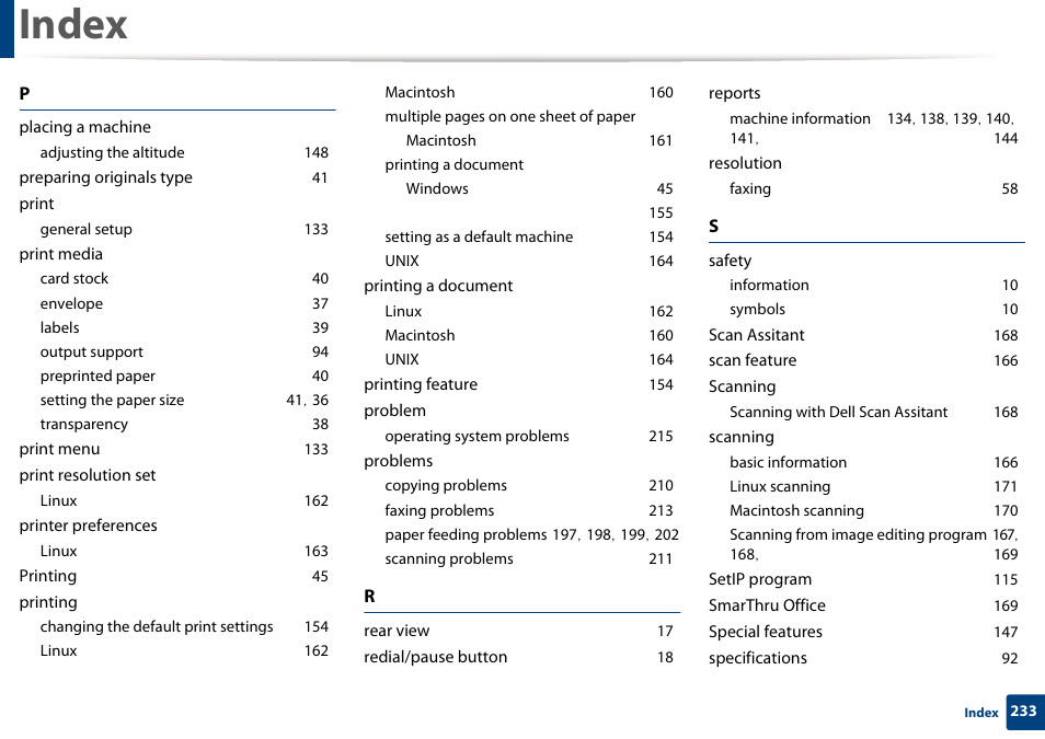 Index | Dell B1265dnf Mono Laser Printer MFP User Manual | Page 233 / 234