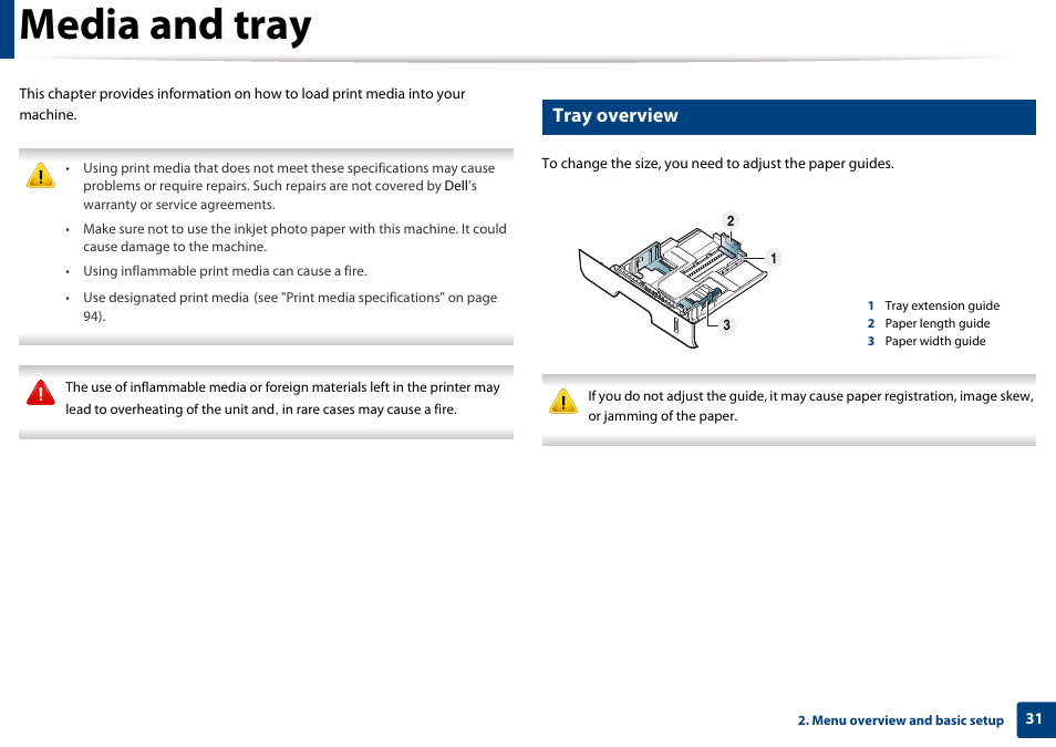 Media and tray, Tray overview | Dell B1265dnf Mono Laser Printer MFP User Manual | Page 31 / 234