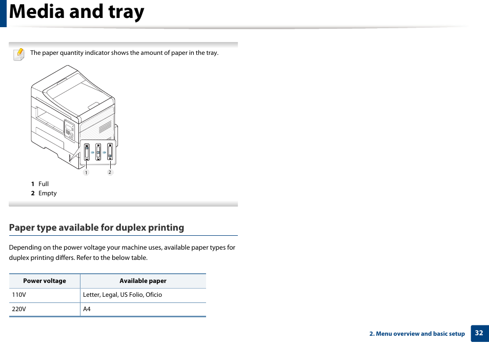 Media and tray, Paper type available for duplex printing | Dell B1265dnf Mono Laser Printer MFP User Manual | Page 32 / 234