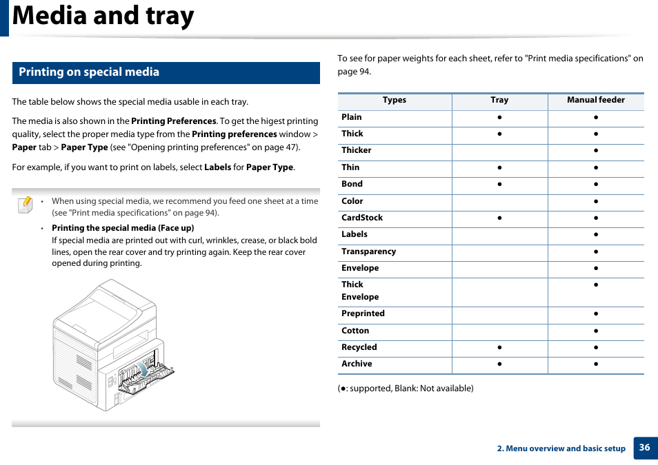 Media and tray, Printing on special media | Dell B1265dnf Mono Laser Printer MFP User Manual | Page 36 / 234