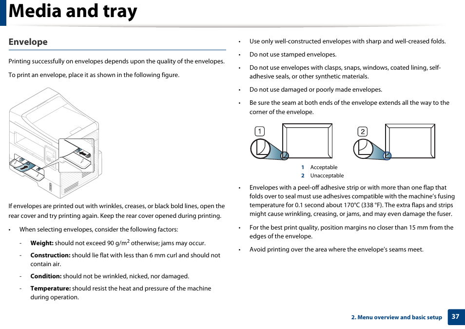 Media and tray, Envelope | Dell B1265dnf Mono Laser Printer MFP User Manual | Page 37 / 234