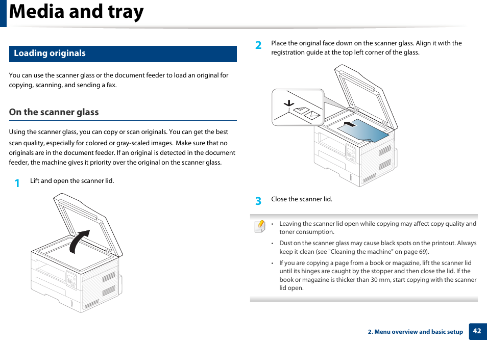 Media and tray, On the scanner glass, Loading originals | Dell B1265dnf Mono Laser Printer MFP User Manual | Page 42 / 234