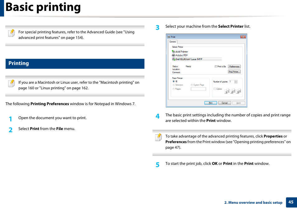 Basic printing, Printing | Dell B1265dnf Mono Laser Printer MFP User Manual | Page 45 / 234