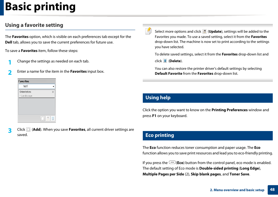 Basic printing, Using a favorite setting, Using help | Eco printing | Dell B1265dnf Mono Laser Printer MFP User Manual | Page 48 / 234