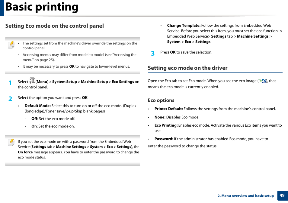 Basic printing, Setting eco mode on the control panel, Setting eco mode on the driver | Dell B1265dnf Mono Laser Printer MFP User Manual | Page 49 / 234