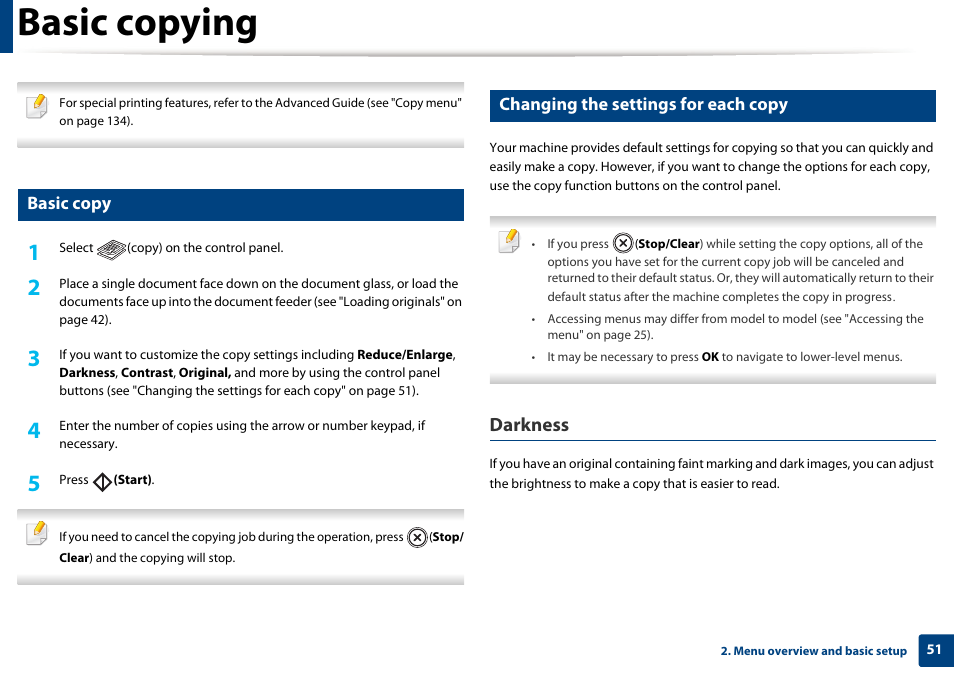 Basic copying, Darkness, Basic copy | Changing the settings for each copy | Dell B1265dnf Mono Laser Printer MFP User Manual | Page 51 / 234