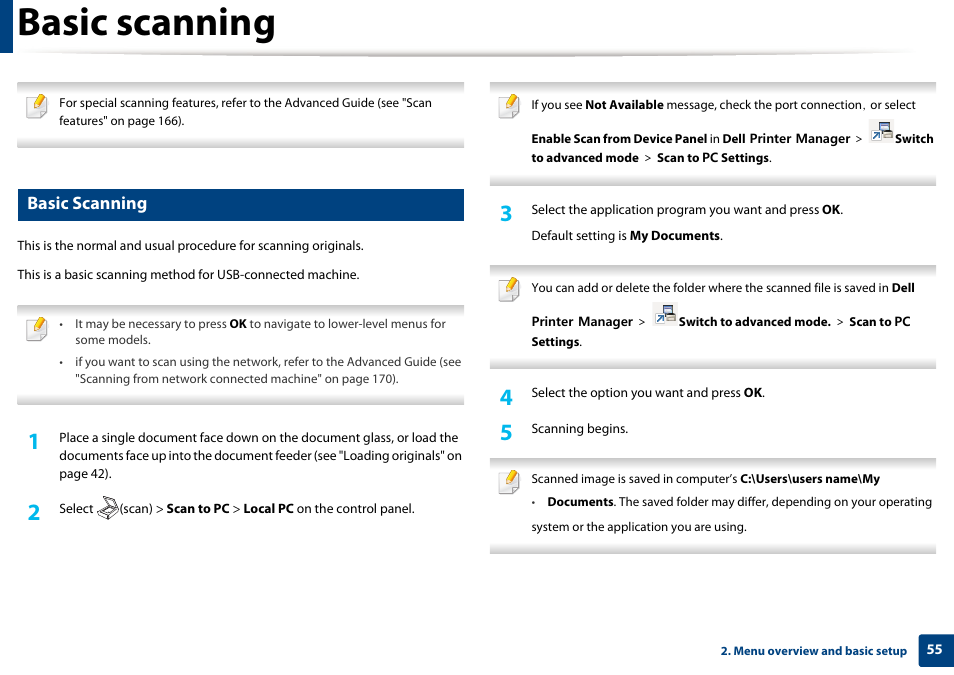 Basic scanning | Dell B1265dnf Mono Laser Printer MFP User Manual | Page 55 / 234