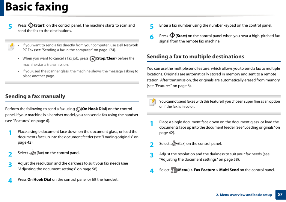 Basic faxing, Sending a fax manually, Sending a fax to multiple destinations | Dell B1265dnf Mono Laser Printer MFP User Manual | Page 57 / 234