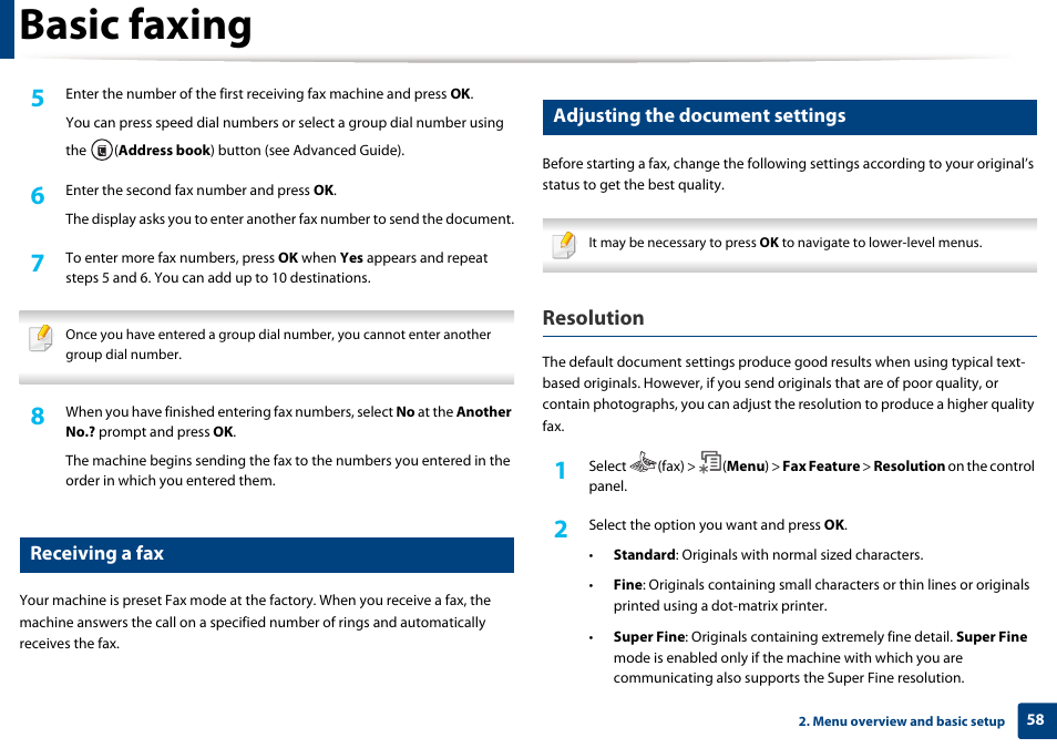 Basic faxing, Resolution, Receiving a fax | Adjusting the document settings | Dell B1265dnf Mono Laser Printer MFP User Manual | Page 58 / 234