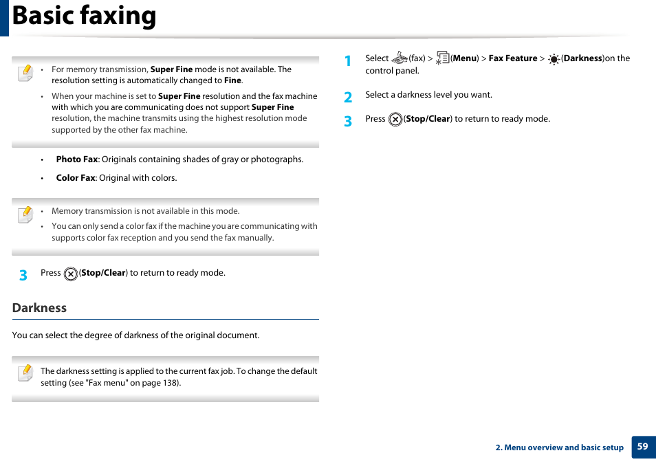 Basic faxing, Darkness | Dell B1265dnf Mono Laser Printer MFP User Manual | Page 59 / 234