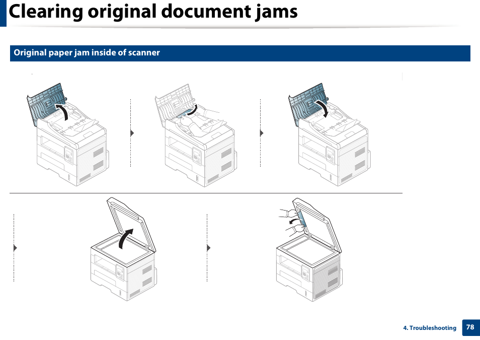 Clearing original document jams | Dell B1265dnf Mono Laser Printer MFP User Manual | Page 78 / 234