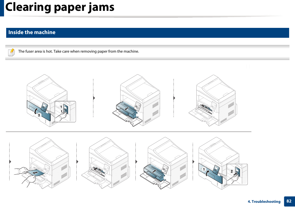 Clearing paper jams, Inside the machine | Dell B1265dnf Mono Laser Printer MFP User Manual | Page 82 / 234