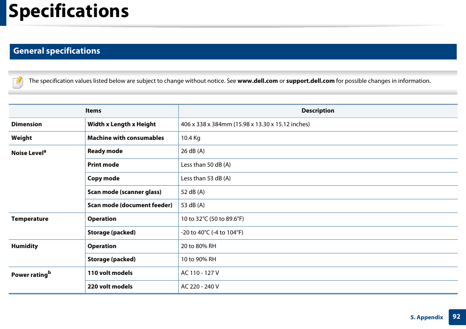 Specifications, General specifications | Dell B1265dnf Mono Laser Printer MFP User Manual | Page 92 / 234