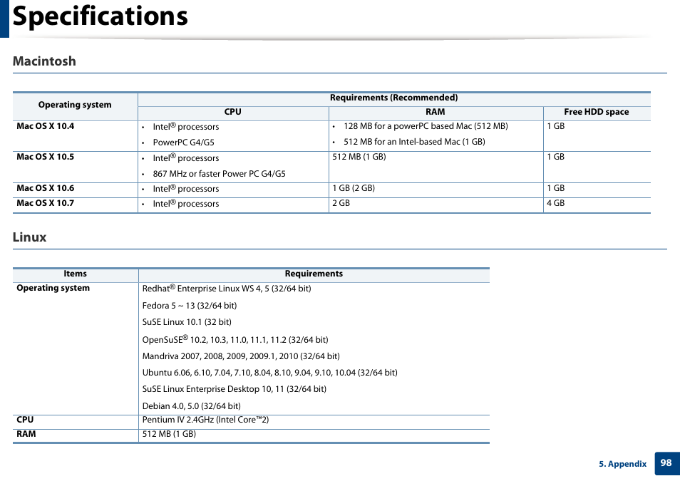 Specifications, Macintosh, Linux | Dell B1265dnf Mono Laser Printer MFP User Manual | Page 98 / 234