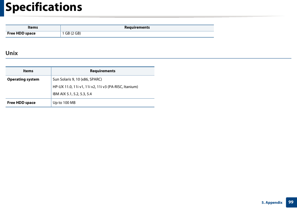 Specifications, Unix | Dell B1265dnf Mono Laser Printer MFP User Manual | Page 99 / 234