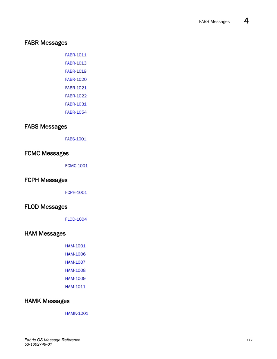 Fabr messages, Fabs messages, Fcmc messages | Fcph messages, Flod messages, Ham messages, Hamk messages | Dell POWEREDGE M1000E User Manual | Page 139 / 934