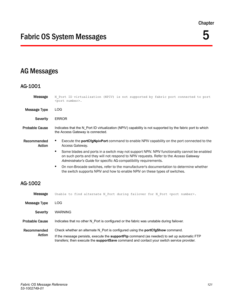 Fabric os system messages, Ag messages, Ag-1001 | Ag-1002, Chapter 5, Chapter 5, “fabric os system messages, Chapter | Dell POWEREDGE M1000E User Manual | Page 143 / 934