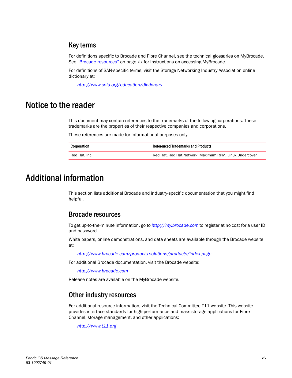 Key terms, Notice to the reader, Additional information | Brocade resources, Other industry resources | Dell POWEREDGE M1000E User Manual | Page 19 / 934