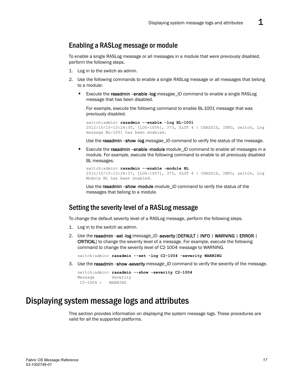 Enabling a raslog message or module, Setting the severity level of a raslog message, Displaying system message logs and attributes | Displaying system, Message logs and attributes | Dell POWEREDGE M1000E User Manual | Page 39 / 934