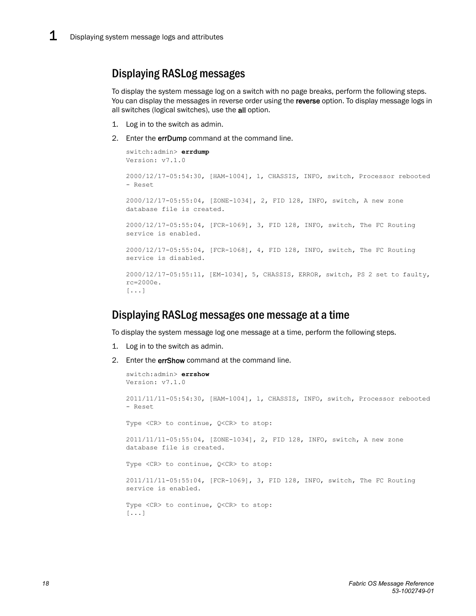 Displaying raslog messages, Displaying raslog messages one message at a time | Dell POWEREDGE M1000E User Manual | Page 40 / 934