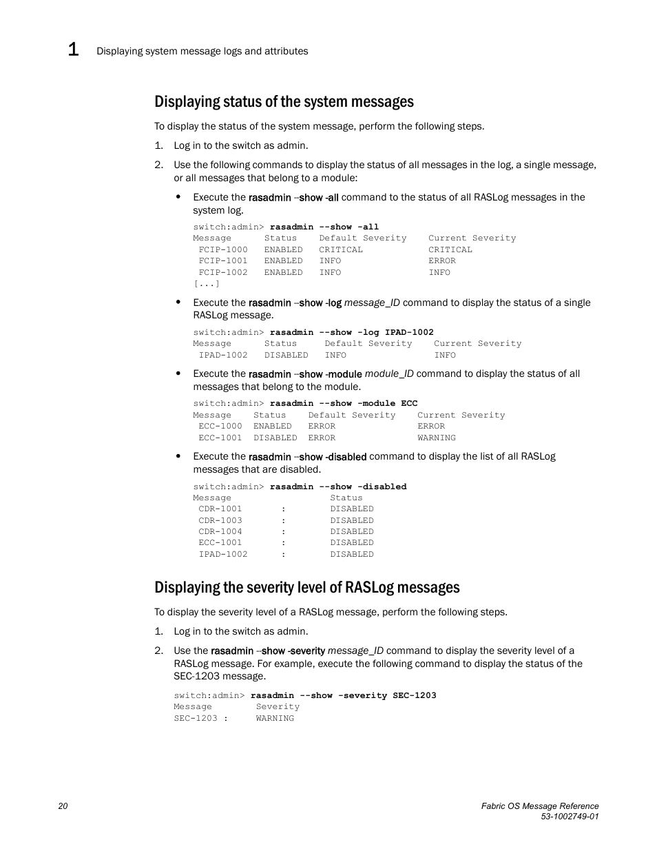 Displaying status of the system messages, Displaying the severity level of raslog messages | Dell POWEREDGE M1000E User Manual | Page 42 / 934