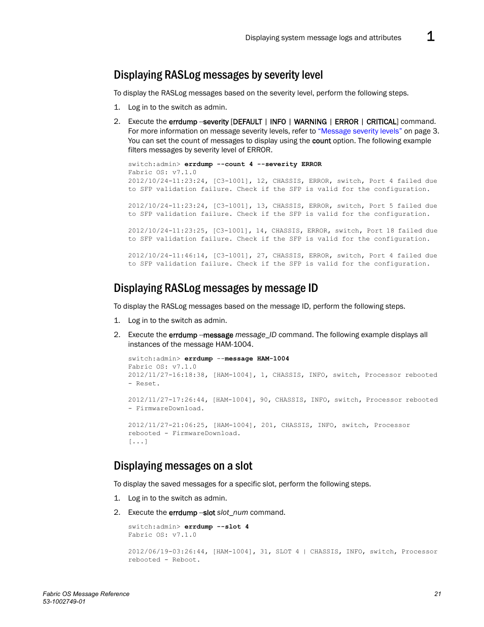 Displaying raslog messages by severity level, Displaying raslog messages by message id, Displaying messages on a slot | Dell POWEREDGE M1000E User Manual | Page 43 / 934
