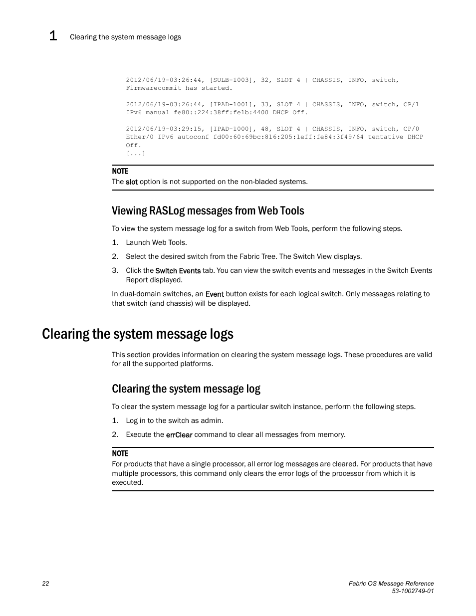 Viewing raslog messages from web tools, Clearing the system message logs, Clearing the system message log | Dell POWEREDGE M1000E User Manual | Page 44 / 934