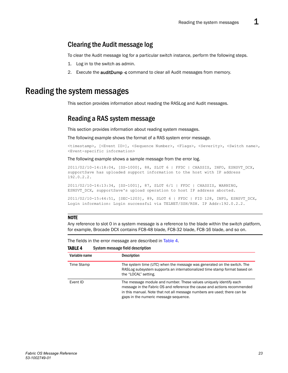 Clearing the audit message log, Reading the system messages, Reading a ras system message | Dell POWEREDGE M1000E User Manual | Page 45 / 934