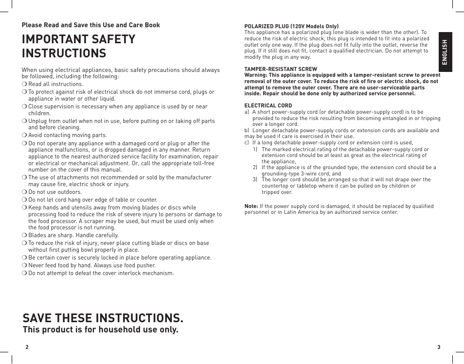 Important safety instructions, Save these instructions, This product is for household use only | Black & Decker FP1336 User Manual | Page 2 / 11