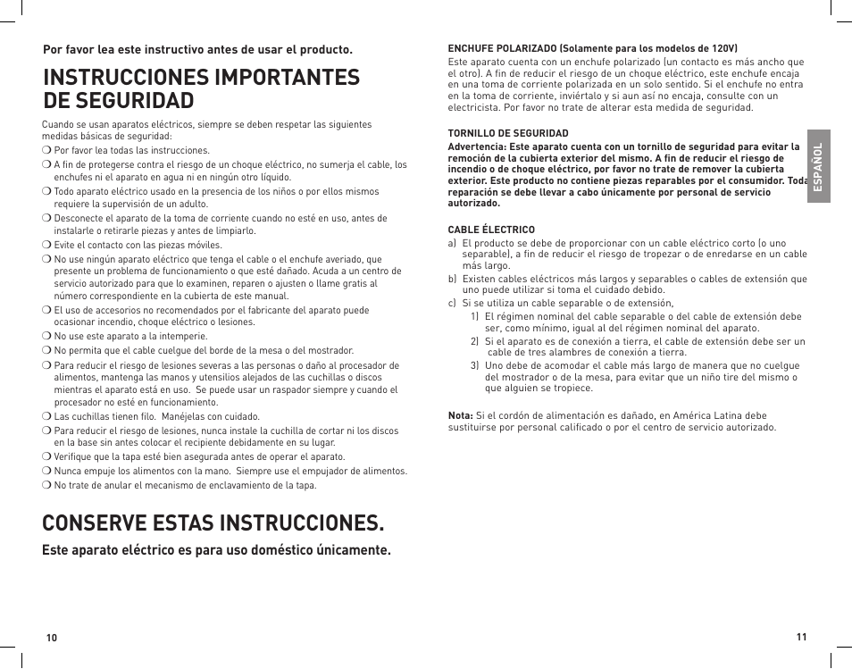 Conserve estas instrucciones, Instrucciones importantes de seguridad | Black & Decker FP1336 User Manual | Page 6 / 11