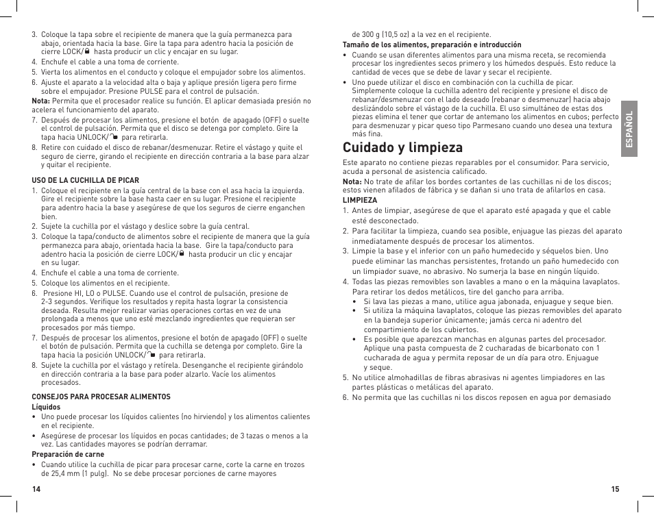 Cuidado y limpieza | Black & Decker FP1336 User Manual | Page 8 / 11