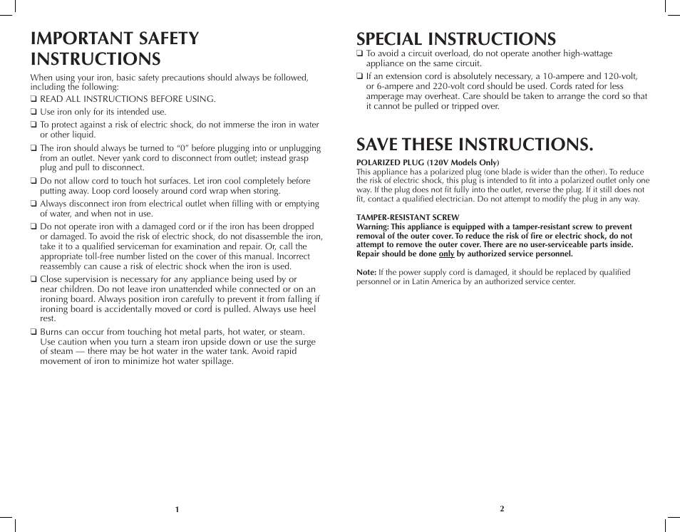 Important safety instructions, Save these instructions, Special instructions | Black & Decker SteamXpress AS200 User Manual | Page 2 / 13