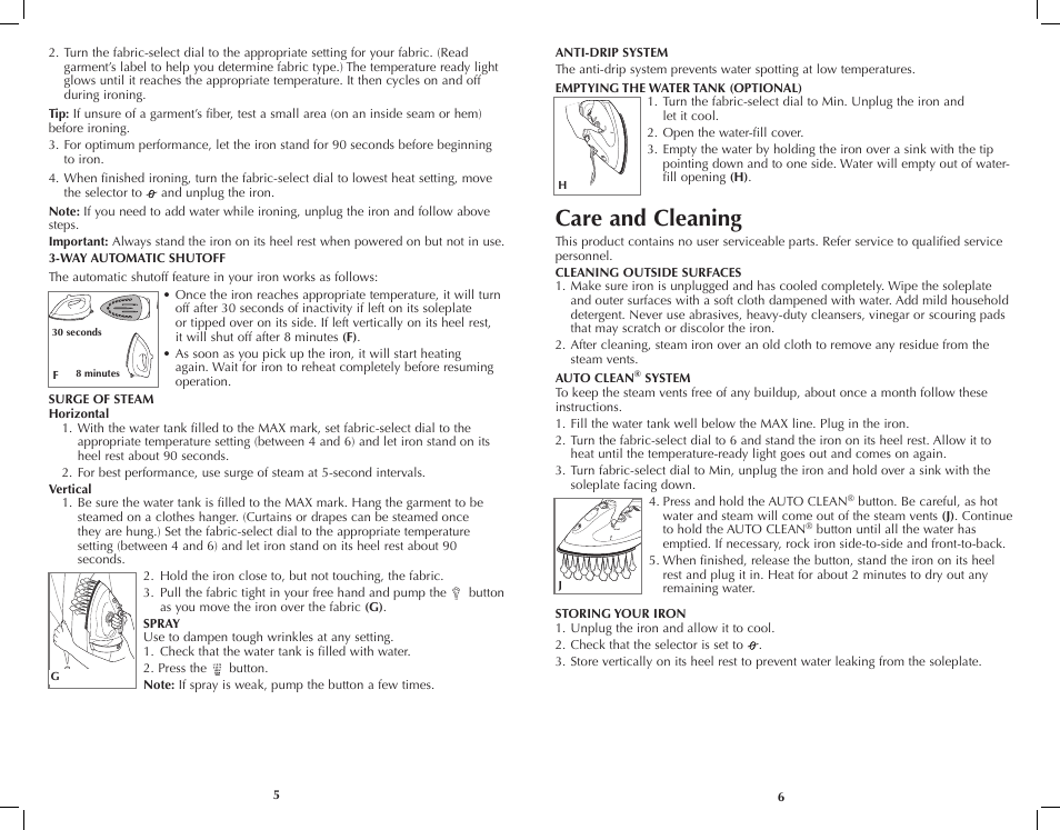 Care and cleaning | Black & Decker SteamXpress AS200 User Manual | Page 4 / 13