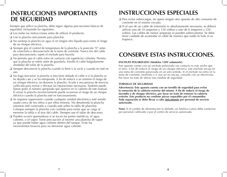 Instrucciones importantes de seguridad, Conserve estas instrucciones, Instrucciones especiales | Black & Decker SteamXpress AS200 User Manual | Page 5 / 13