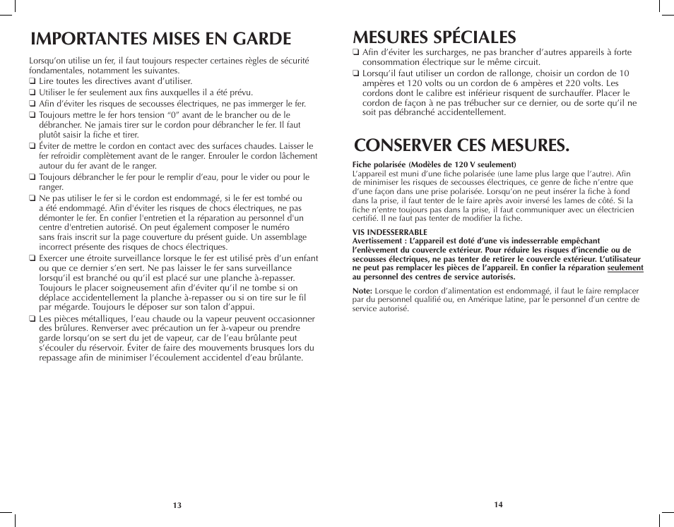 Importantes mises en garde, Mesures spéciales, Conserver ces mesures | Black & Decker SteamXpress AS200 User Manual | Page 8 / 13