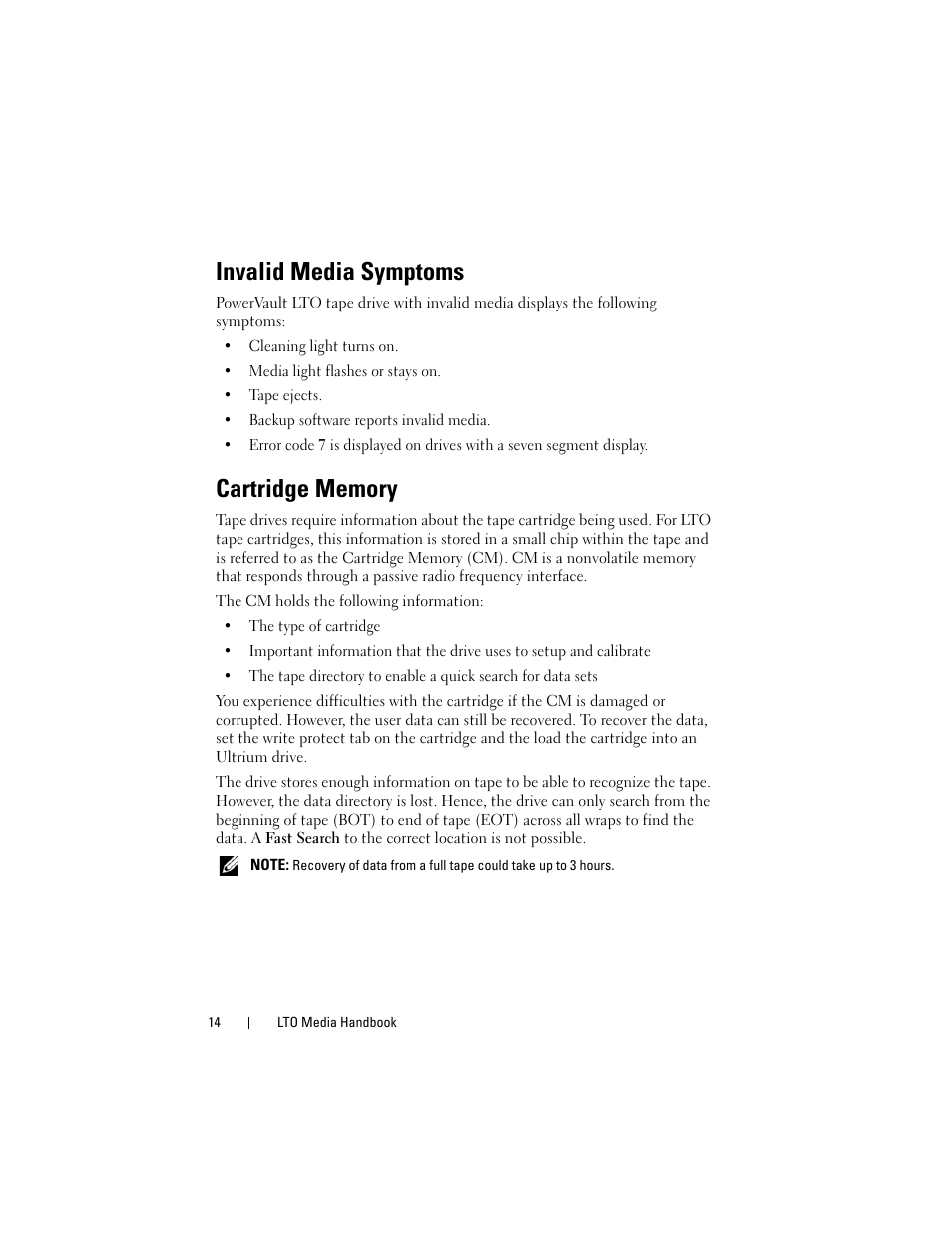 Invalid media symptoms, Cartridge memory | Dell PowerVault 100T (IDE Tape Drive) User Manual | Page 14 / 30