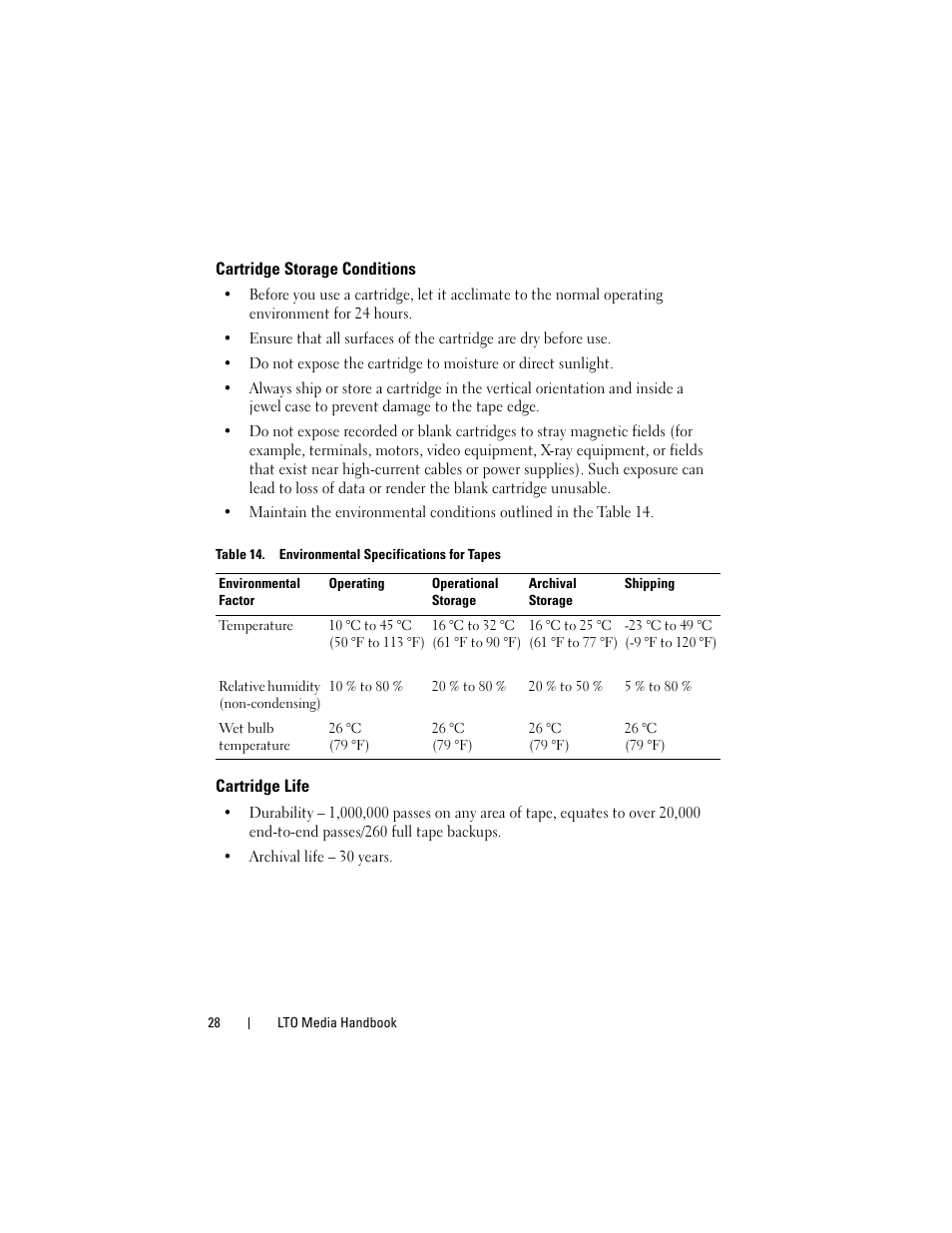 Cartridge storage conditions, Cartridge life | Dell PowerVault 100T (IDE Tape Drive) User Manual | Page 28 / 30