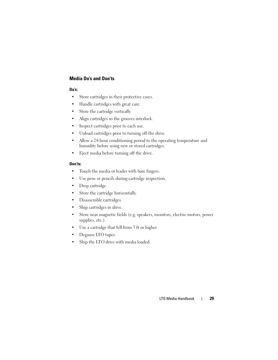 Media do’s and don’ts, Do’s, Don’ts | Dell PowerVault 100T (IDE Tape Drive) User Manual | Page 29 / 30